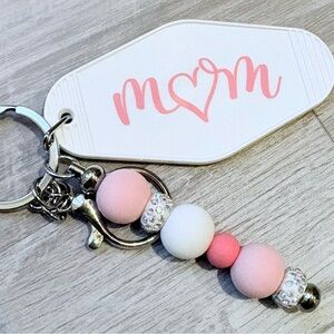 Hand Crafted Pink & White Beaded Keychain with Monogram Tag